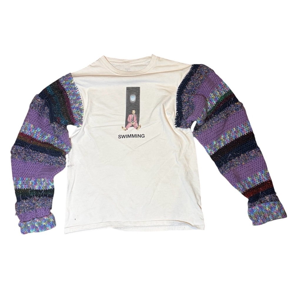 White Graphic Long Sleeve Top with Chunky Purple Knit Sleeves